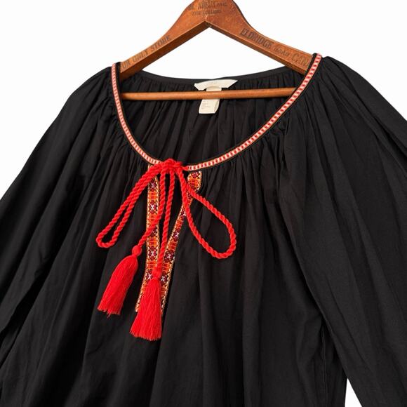 H&M Embroidered Peasant Blouse Black Womens Sz 6 Boho Tassel Top - Picture 6 of 8